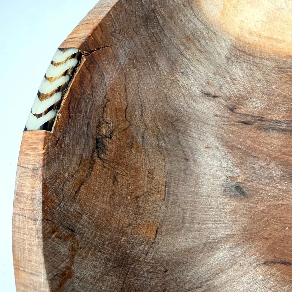 Hand Carved Wooden Bowl with Zebra Pattern Bone Inlay Tribal Boho Decor 11.5 x3